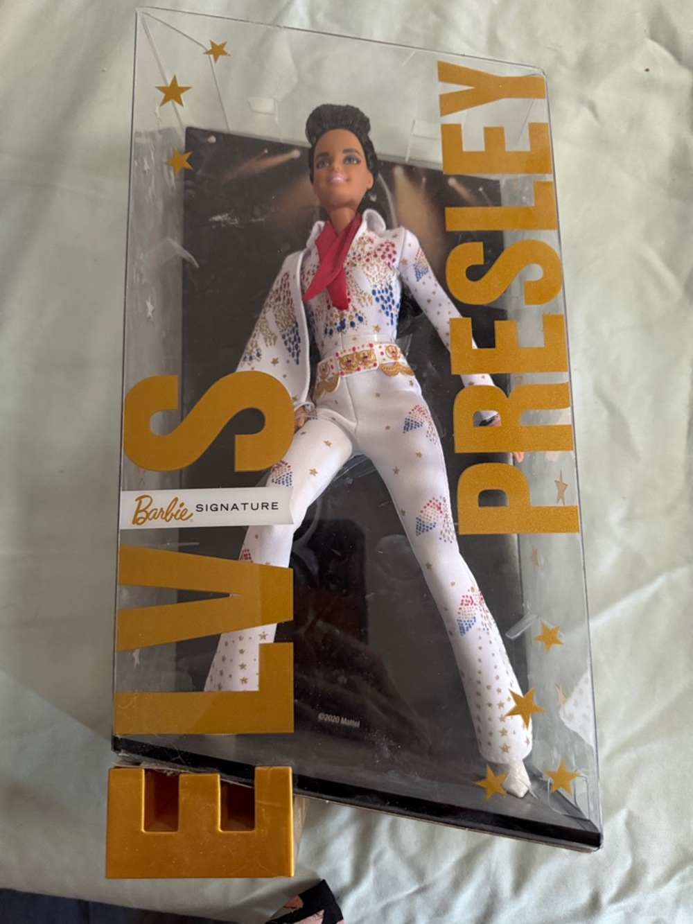 Barbie Elvis Presley Doll in White Rhinestone Jumpsuit with Red Scarf